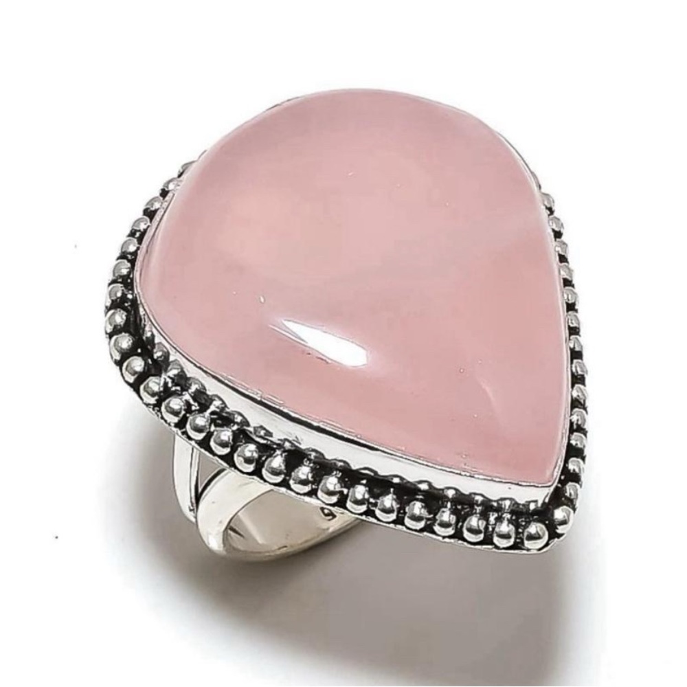 Size 11 Pink Rose Quartz Teardrop 925 Sterling Silver Overlay Ring